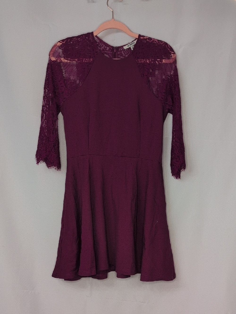 BB Dakota Deep Plum Lace-Shoulder Fit & Flare Mini Dress